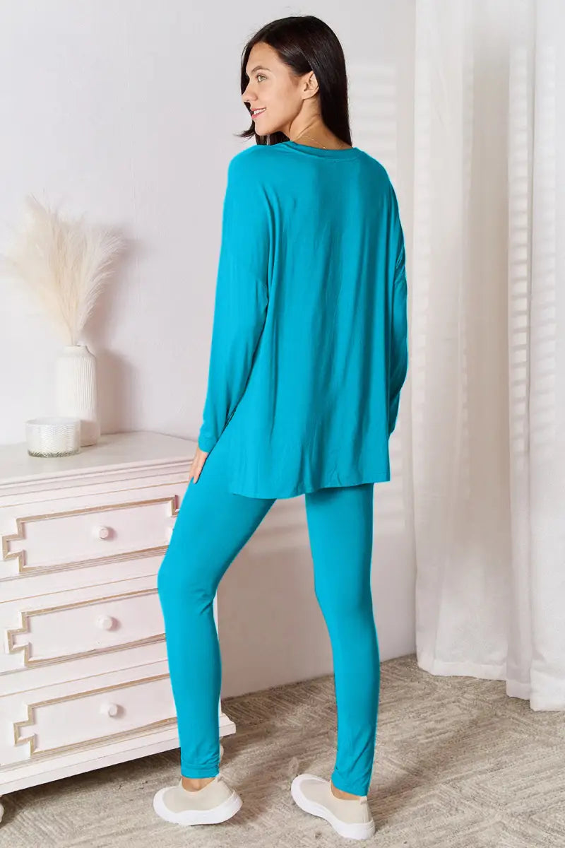 Full Size V-Neck Soft Rayon Long Sleeve Top and Pants Lounge Set - Loungwear - Basic Bae - Loungewear