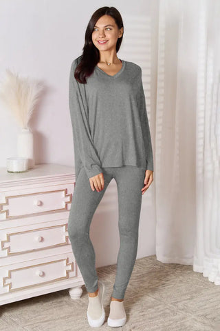 Gray / S - Bamboo Full Size V-Neck Long Sleeve Top and Pants Lounge Set - Loungwear - Basic Bae - Two-Piece Sets