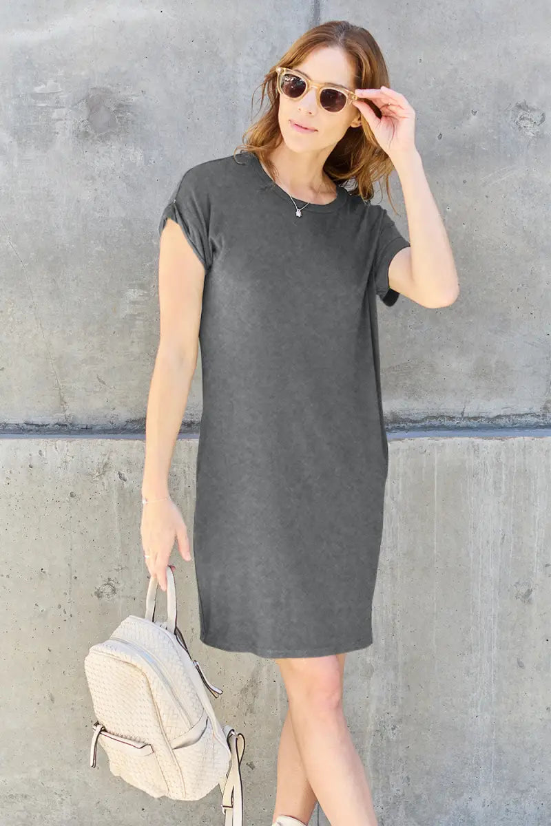 Gray / S - Full Size Round Neck Short Sleeve Dress with Pockets - Dress - Basic Bae - Dresses