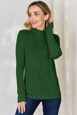 Green / S - Full Size Ribbed Mock Neck Long Sleeve T-Shirt - T-Shirt - Basic Bae - Tops