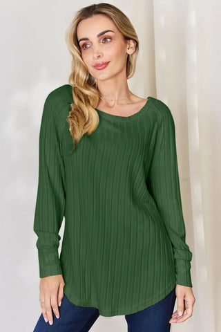 Green / S - Full Size Ribbed Round Neck Slit T-Shirt - T-Shirt - Basic Bae - Tops