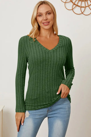 Green / S - Full Size Ribbed V-Neck Long Sleeve T-Shirt - T-Shirt - Basic Bae - Tops