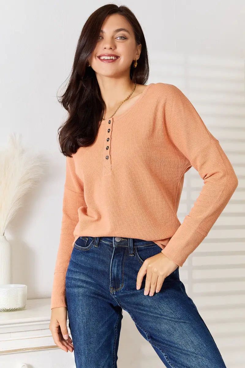 Half Button Long Sleeve Top - Sweatshirt - Basic Bae - Tops