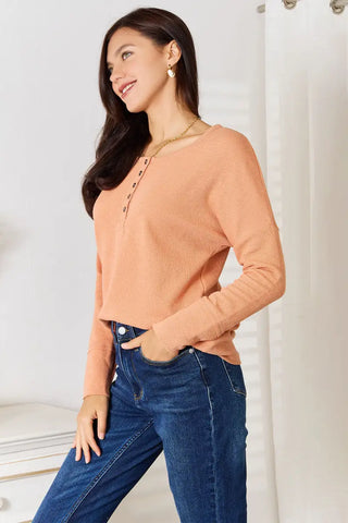 Half Button Long Sleeve Top - Sweatshirt - Basic Bae - Tops