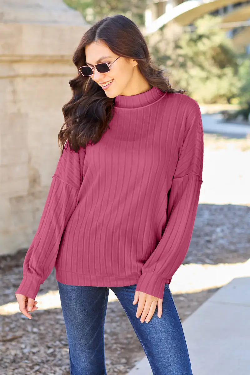 Hot Pink / S - Full Size Ribbed Exposed Seam Mock Neck Knit Top - Sweater - Basic Bae - Winter Collection