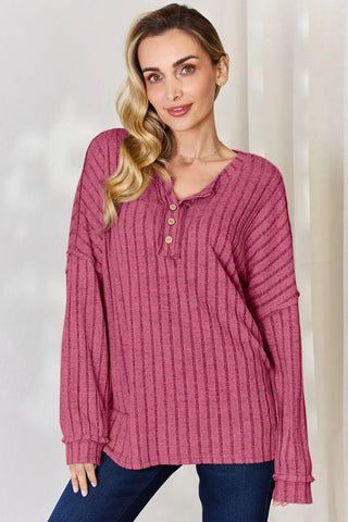 Hot Pink / S - Full Size Ribbed Half Button Long Sleeve T-Shirt - Sweatshirt - Basic Bae - Tops