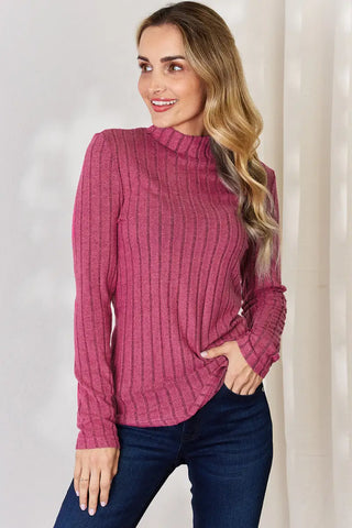 Hot Pink / S - Full Size Ribbed Mock Neck Long Sleeve T-Shirt - T-Shirt - Basic Bae - Tops