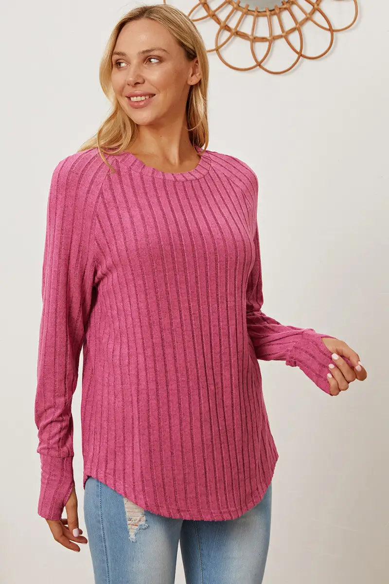 Hot Pink / S - Full Size Ribbed Thumbhole Sleeve T-Shirt - T-Shirt - Basic Bae - Tops