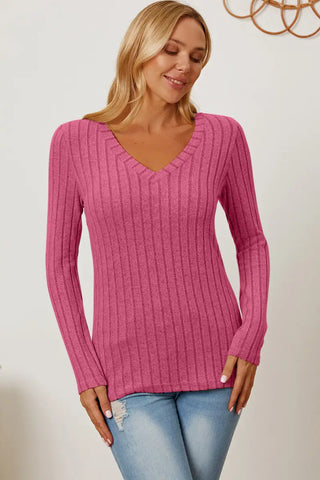 Hot Pink / S - Full Size Ribbed V-Neck Long Sleeve T-Shirt - T-Shirt - Basic Bae - Tops