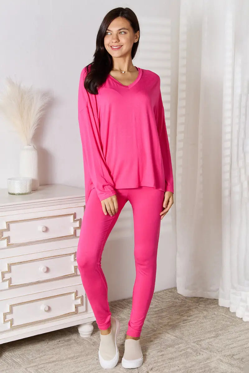 Hot Pink / S - Full Size V-Neck Soft Rayon Long Sleeve Top and Pants Lounge Set - Loungwear - Basic Bae - Loungewear