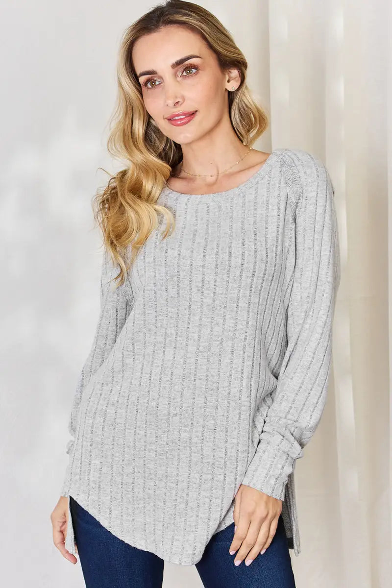 Light Gray / S - Full Size Ribbed Round Neck Slit T-Shirt - T-Shirt - Basic Bae - Tops