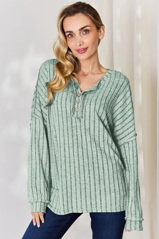 Light Green / S - Full Size Ribbed Half Button Long Sleeve T-Shirt - Sweatshirt - Basic Bae - Tops