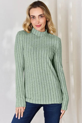 Light Green / S - Full Size Ribbed Mock Neck Long Sleeve T-Shirt - T-Shirt - Basic Bae - Tops