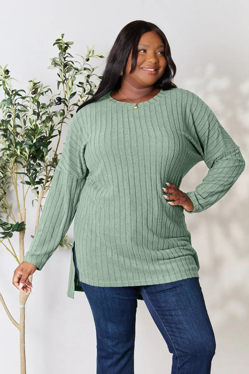 Light Green / S - Full Size Ribbed Round Neck Long Sleeve Slit Top - T-Shirt - Basic Bae - Tops