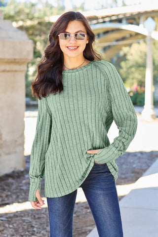 Light Green / S - Full Size Ribbed Round Neck Long Sleeve Knit Top - Sweater - Basic Bae - Winter Collection