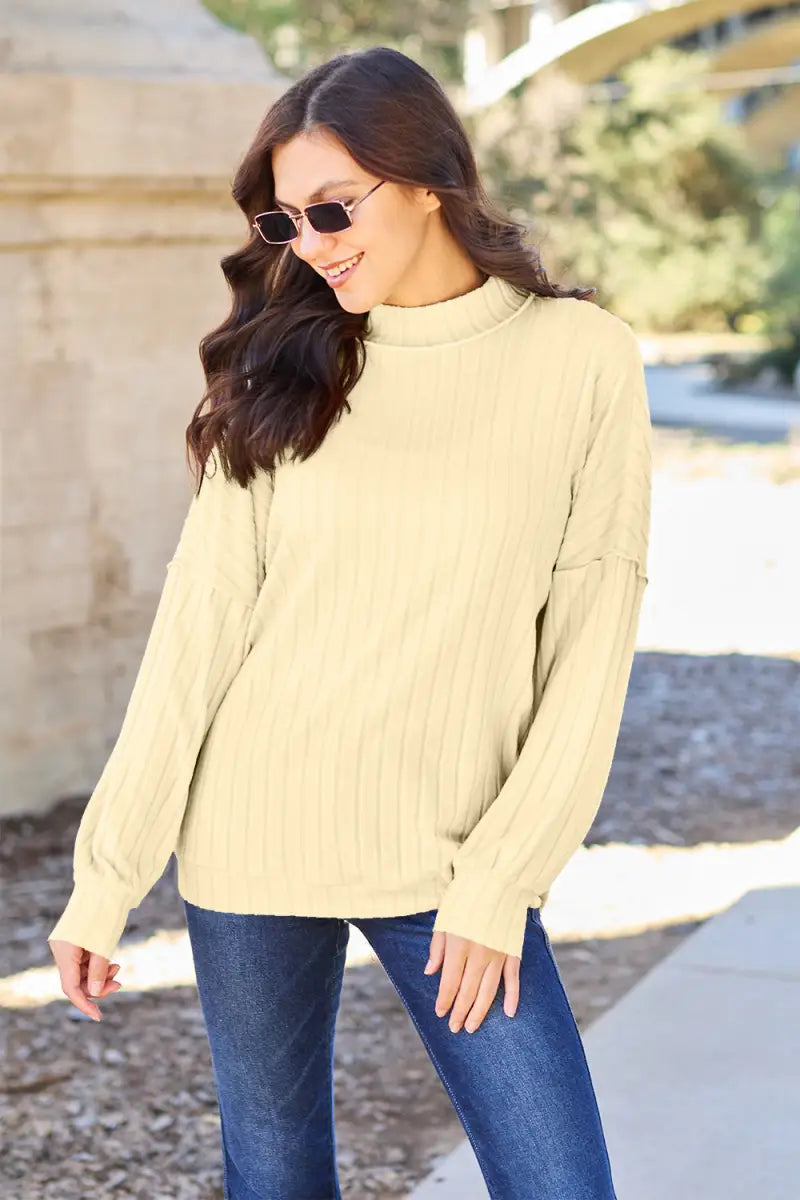 Light Yellow / S - Full Size Ribbed Exposed Seam Mock Neck Knit Top - Sweater - Basic Bae - Winter Collection