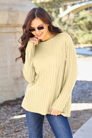 Light Yellow / S - Full Size Ribbed Round Neck Long Sleeve Knit Top - Sweater - Basic Bae - Winter Collection