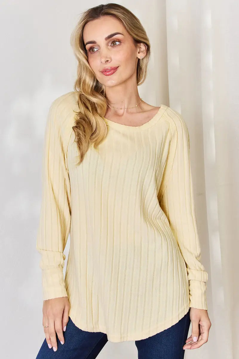 Light Yellow / S - Full Size Ribbed Round Neck Slit T-Shirt - T-Shirt - Basic Bae - Tops