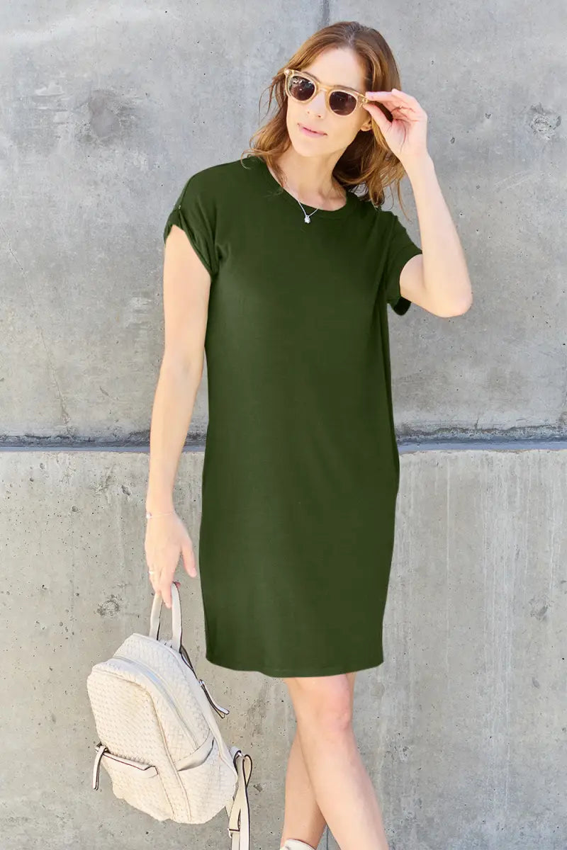 Matcha Green / S - Full Size Round Neck Short Sleeve Dress with Pockets - Dress - Basic Bae - Dresses