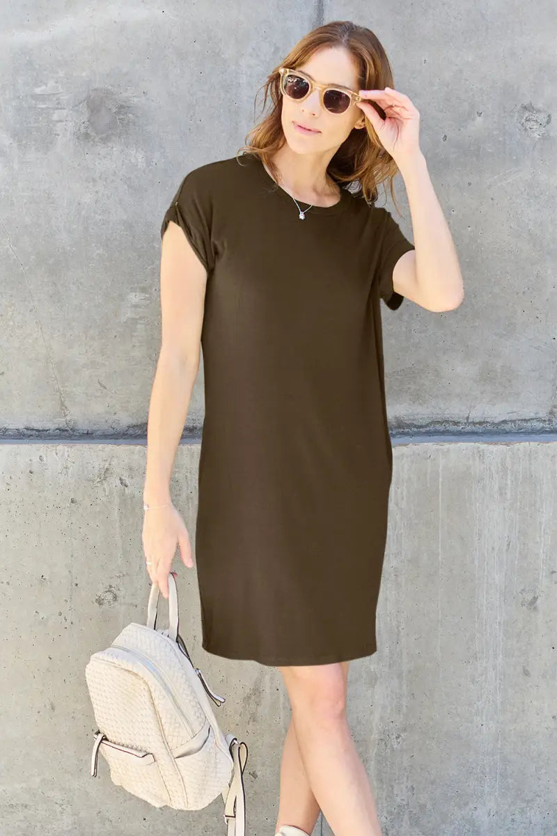 Mocha / S - Full Size Round Neck Short Sleeve Dress with Pockets - Dress - Basic Bae - Dresses