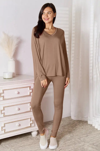 Mocha / S - Full Size V-Neck Soft Rayon Long Sleeve Top and Pants Lounge Set - Loungwear - Basic Bae - Loungewear