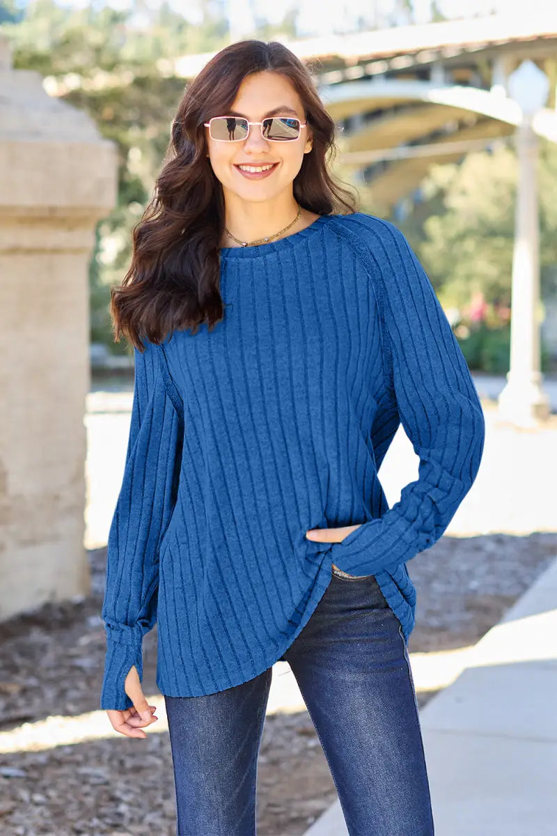 Royal Blue / S - Full Size Ribbed Round Neck Long Sleeve Knit Top - Sweater - Basic Bae - Winter Collection