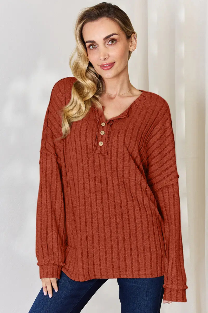 Rust / S - Full Size Ribbed Half Button Long Sleeve T-Shirt - Sweatshirt - Basic Bae - Tops