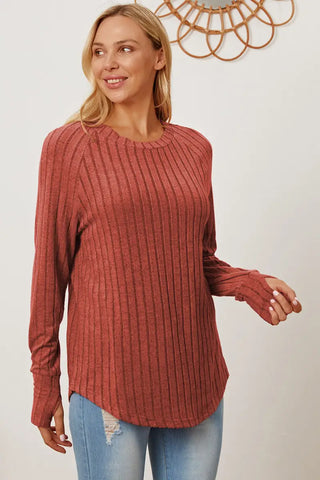 Rust / S - Full Size Ribbed Thumbhole Sleeve T-Shirt - T-Shirt - Basic Bae - Tops