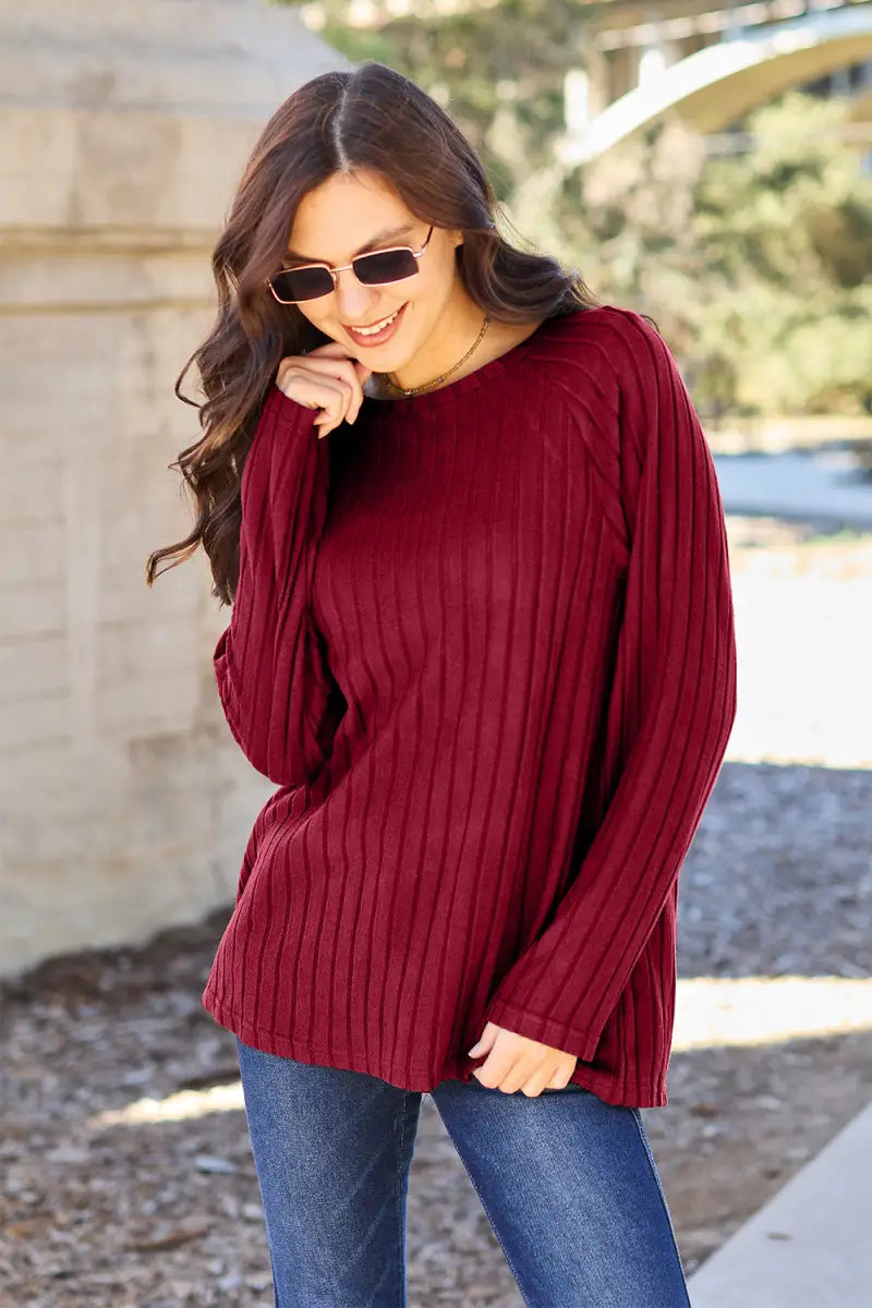 Scarlet / S - Full Size Ribbed Round Neck Long Sleeve Knit Top - Sweater - Basic Bae - Winter Collection