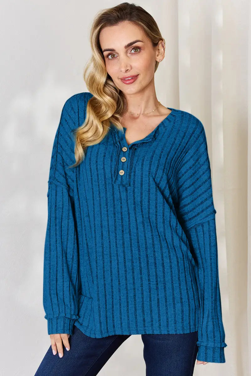 Sky Blue / S - Full Size Ribbed Half Button Long Sleeve T-Shirt - Sweatshirt - Basic Bae - Tops