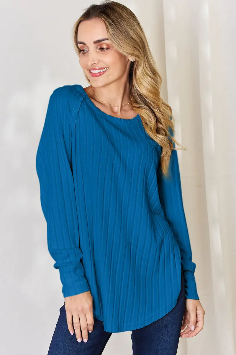 Sky Blue / S - Full Size Ribbed Round Neck Slit T-Shirt - T-Shirt - Basic Bae - Tops