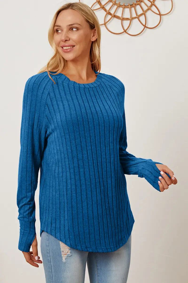 Sky Blue / S - Full Size Ribbed Thumbhole Sleeve T-Shirt - T-Shirt - Basic Bae - Tops