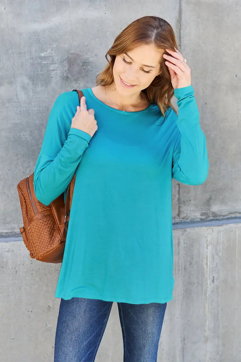 Sky Blue / S - Full Size Round Neck Dropped Shoulder T-Shirt - T-Shirt - Basic Bae - Tops