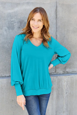 Sky Blue / S - Full Size V-Neck Lantern Sleeve Top - Sweatshirt - Basic Bae - Tops