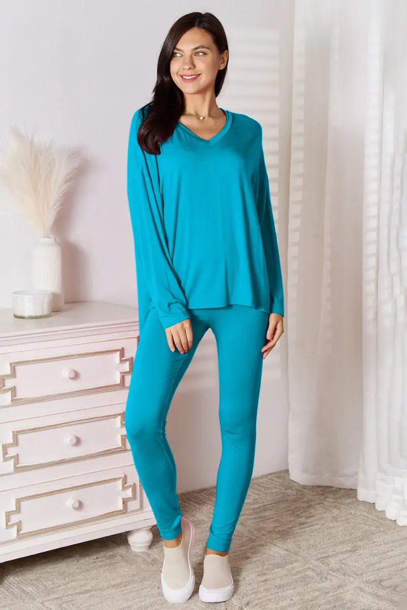 Sky Blue / S - Full Size V-Neck Soft Rayon Long Sleeve Top and Pants Lounge Set - Loungwear - Basic Bae - Loungewear