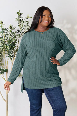 Teal / S - Full Size Ribbed Round Neck Long Sleeve Slit Top - T-Shirt - Basic Bae - Tops