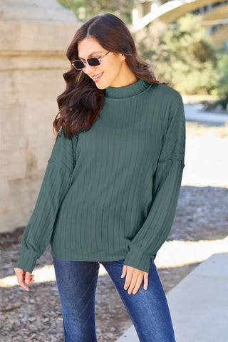 Turquoise / S - Full Size Ribbed Exposed Seam Mock Neck Knit Top - Sweater - Basic Bae - Winter Collection