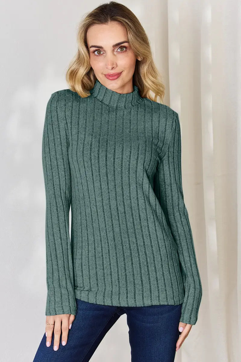 Turquoise / S - Full Size Ribbed Mock Neck Long Sleeve T-Shirt - T-Shirt - Basic Bae - Tops