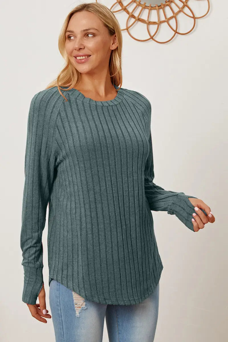 Turquoise / S - Full Size Ribbed Thumbhole Sleeve T-Shirt - T-Shirt - Basic Bae - Tops