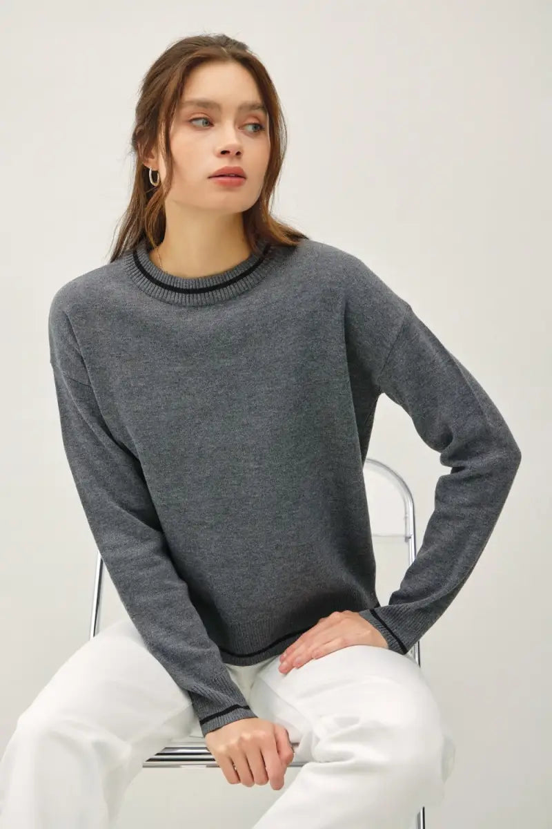 Charcoal / S/M - Striped Trim Round Neck Long Sleeve Sweater - Sweater - Be Cool - Sweaters & Knitwear