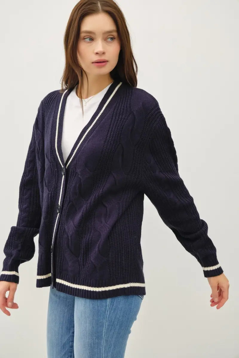 Contrast Trim Cable-Knit V-Neck Cardigan - Cardigan - Be Cool - Sweaters & Knitwear