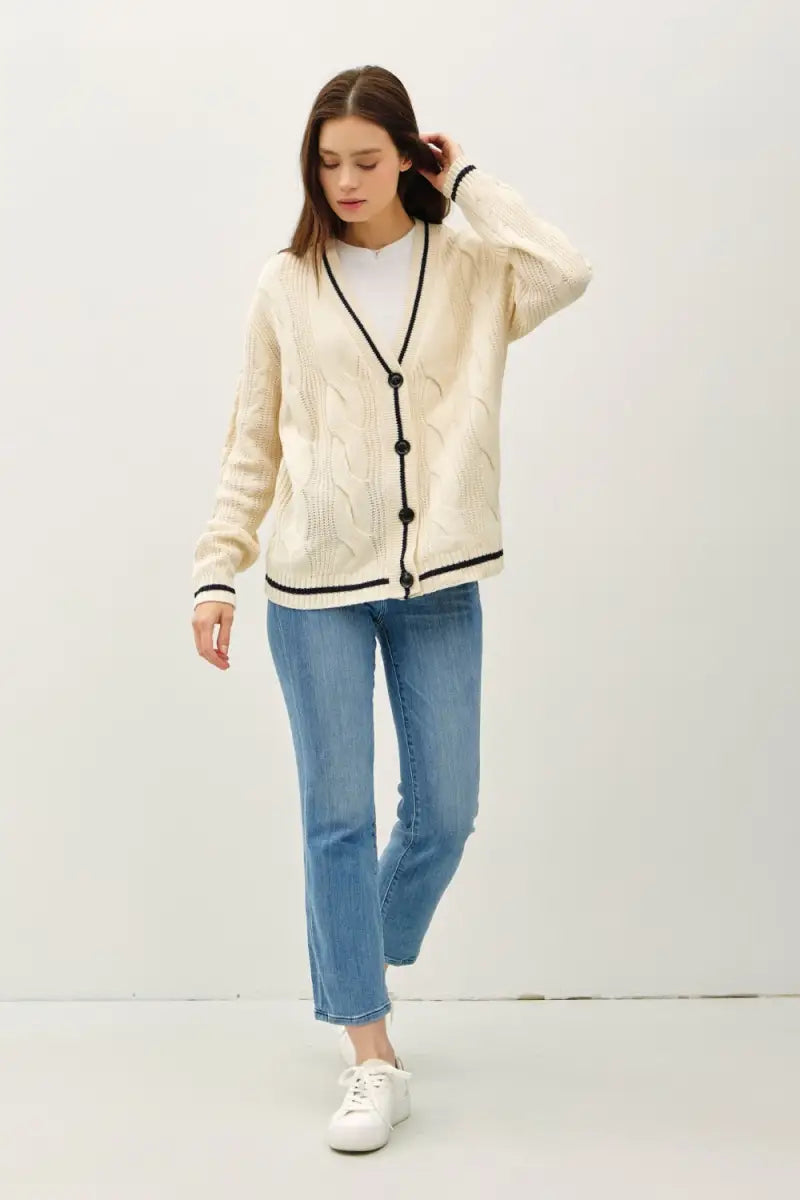 Contrast Trim Cable-Knit V-Neck Cardigan - Cardigan - Be Cool - Sweaters & Knitwear