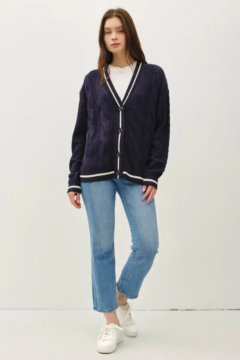 Contrast Trim Cable-Knit V-Neck Cardigan - Cardigan - Be Cool - Sweaters & Knitwear