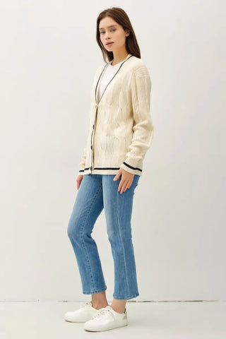 Contrast Trim Cable-Knit V-Neck Cardigan - Cardigan - Be Cool - Sweaters & Knitwear