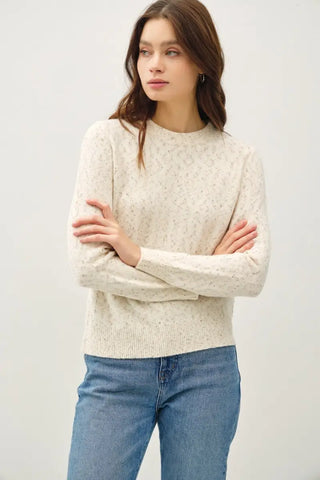 Cream / S - Heathered Round Neck Long Sleeve Sweater - Sweater - Be Cool - Tops