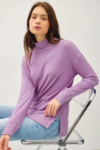 Grape / S - Side Slit Mock Neck Long Sleeve Tunic Top - Tunic - Be Cool - Tops