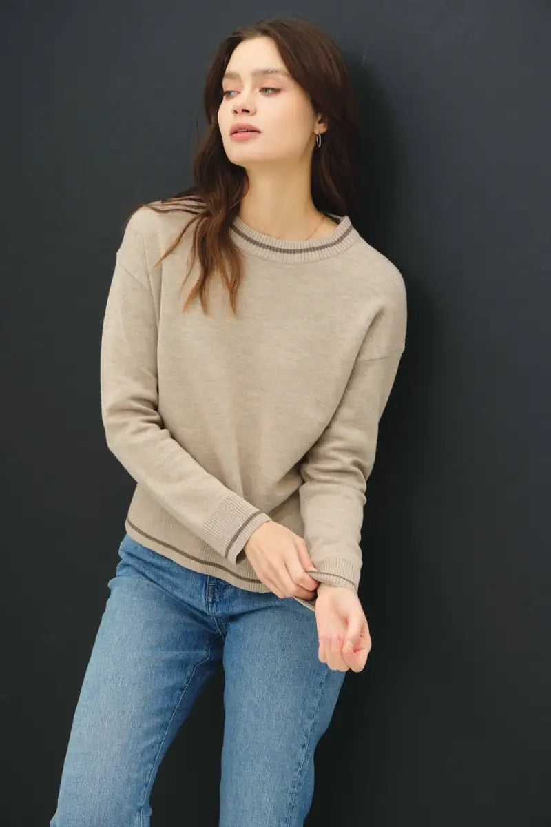 Mocha / S/M - Striped Trim Round Neck Long Sleeve Sweater - Sweater - Be Cool - Winter Collection