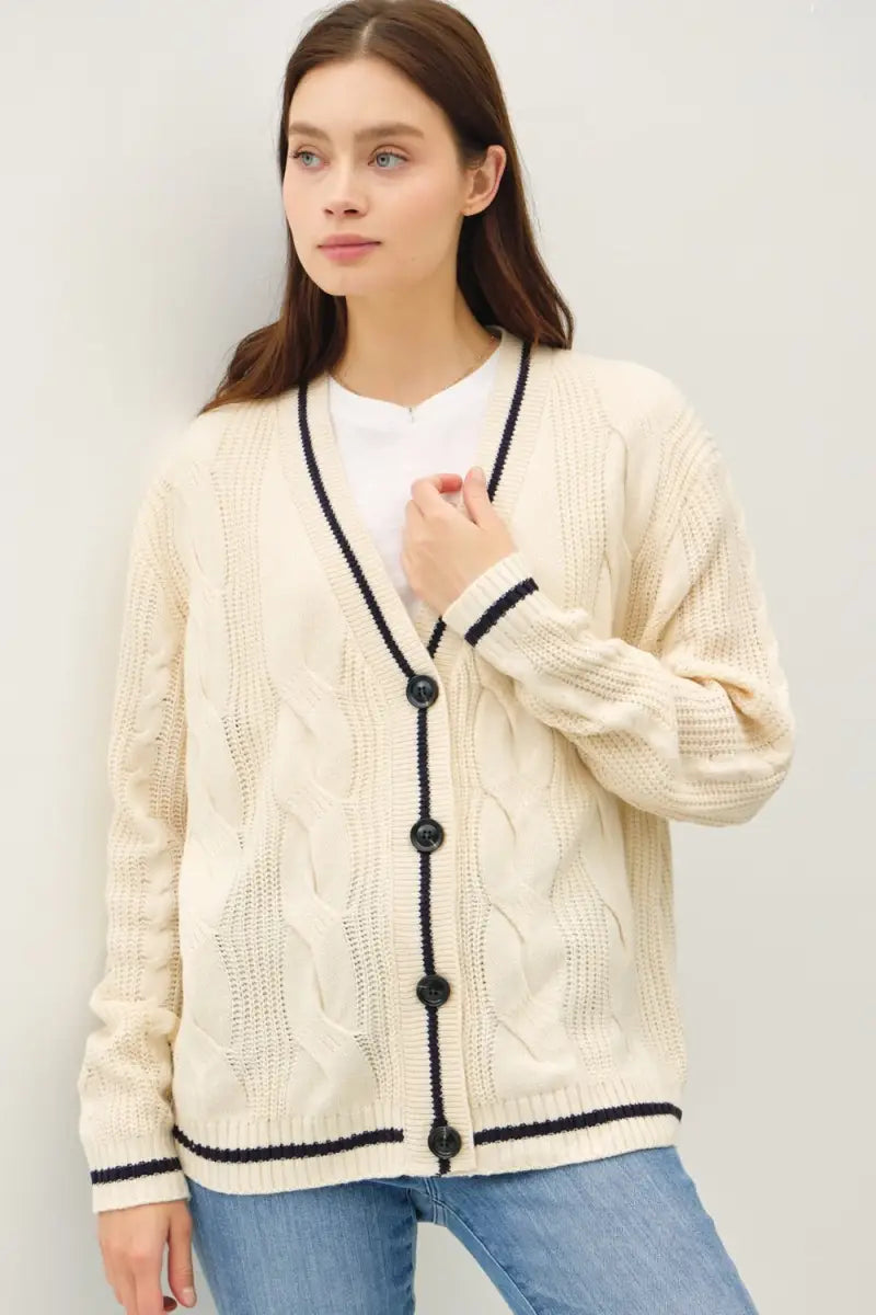 Natural / S/M - Contrast Trim Cable-Knit V-Neck Cardigan - Cardigan - Be Cool - Sweaters & Knitwear