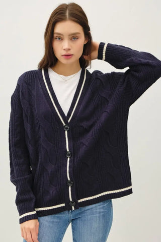 Navy / S/M - Contrast Trim Cable-Knit V-Neck Cardigan - Cardigan - Be Cool - Sweaters & Knitwear