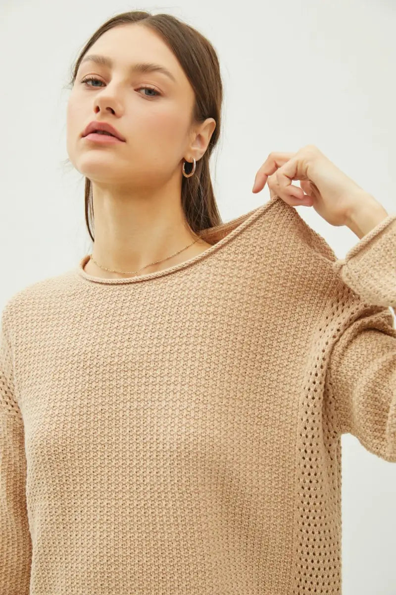 Rolled Openwork Round Neck Sweater - Sweater - Be Cool - Sweaters & Knitwear